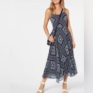 Tommy Hilfiger Pleated Blue Strappy Midi Dress White Geometric Pattern Size 8